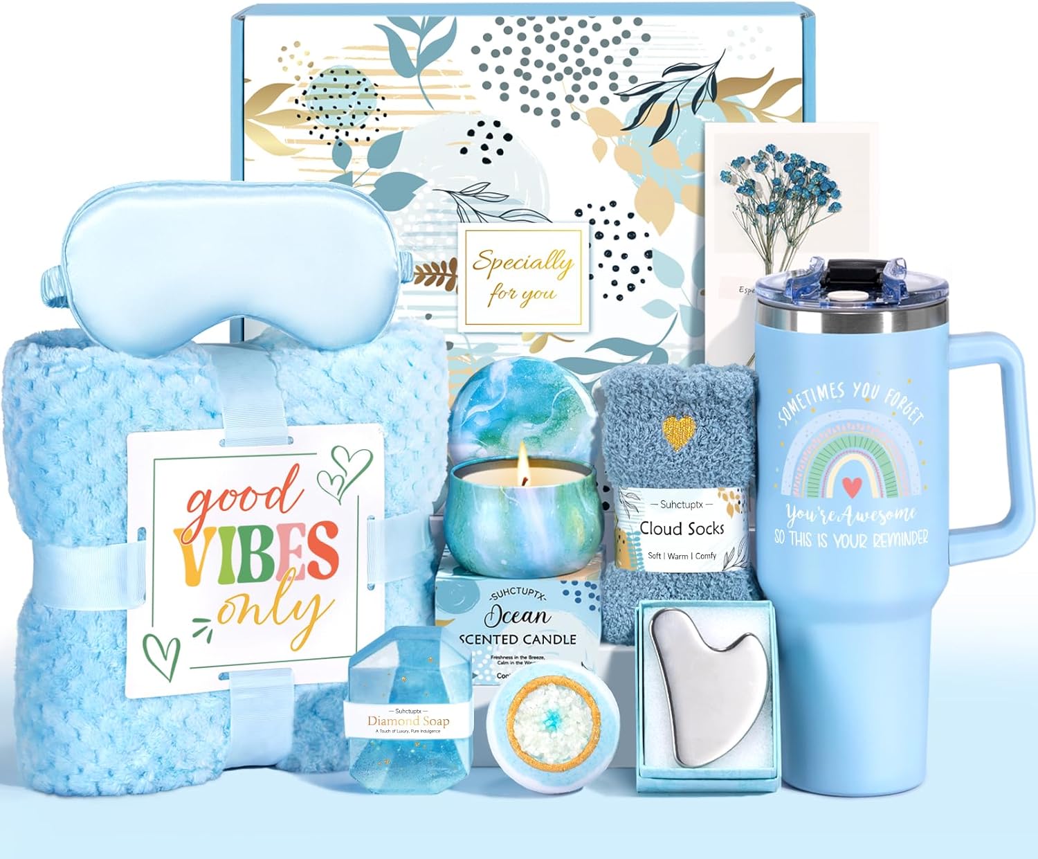 Suhctuptx Birthday Gifts for Women, Unique Self Care Gifts Get Well Soon Basket, Christmas Relaxing Spa Gift Care Package w/Flannel Blanket 40 oz Tumbler, for Mom Her Sister Friend