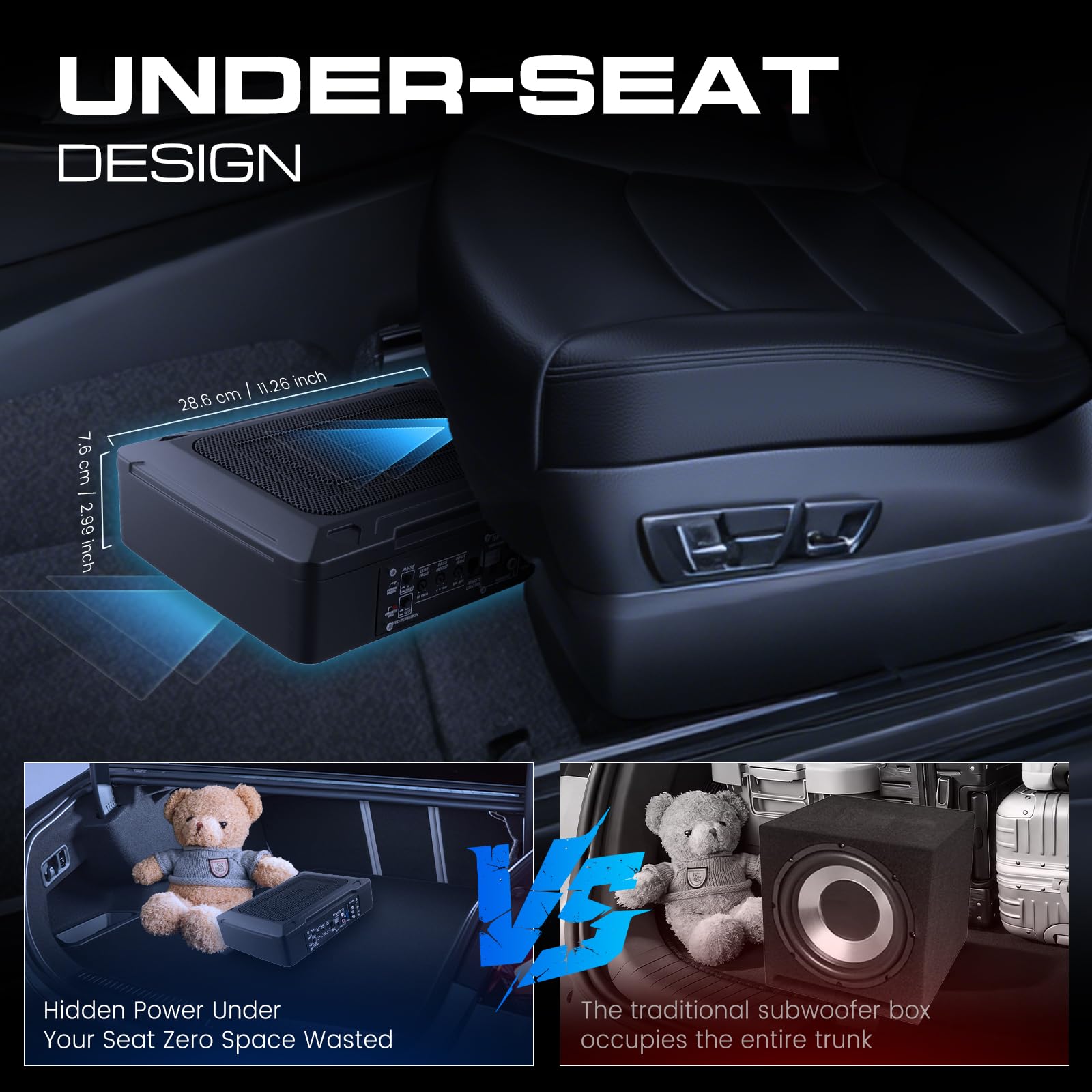 Hodozzy Subwoofer Activo Coche Ultradelgado, Subwoofer Autoamplificado Coche de 8 x 12 Pulgadas 1000W, 12V Subwoofer para Debajo del Asiento para Automóvil, Altavoz Compacto para Co-che Amplificador