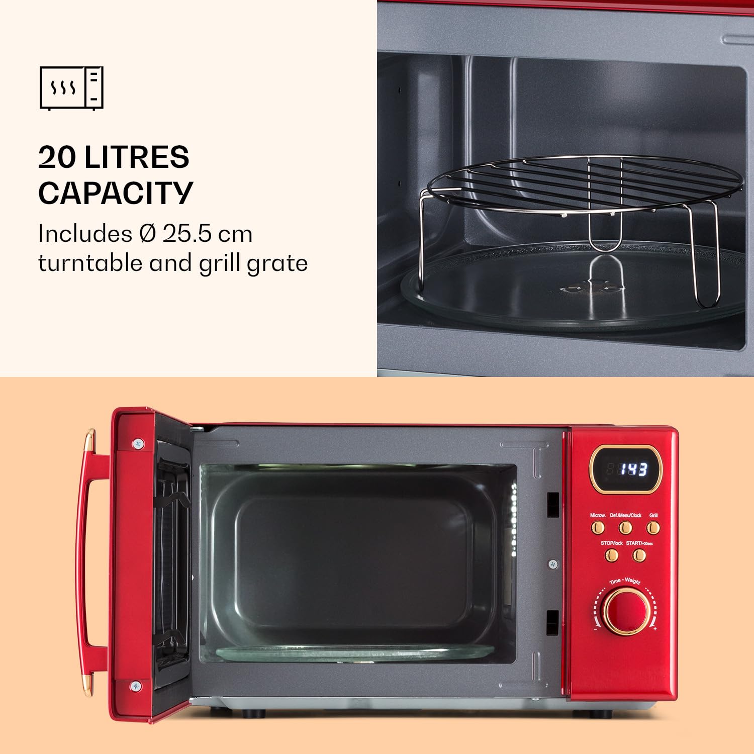 Klarstein Kuchenka mikrofalowa z grillem, Mikrofalówka 3w1 ze stali nierdzewnej, Czerwona, Mała 20-litrowa mikrofalówka z funkcją rozmrażania i pizzy, Talerz obrotowy, Łatwa obsługa