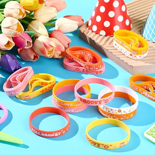 Miniatura 4 de Pulseras de silicona hippie boho Stay Groovy, pulseras retro hippie arco iris, pulseras de margarita flor signo de paz pulseras para niña niño Boho