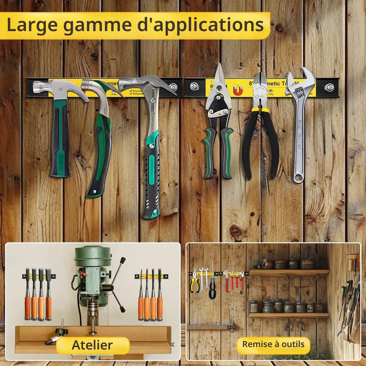 Lot de 4 porte-outils magnétiques de 20,3 cm - Bandes magnétiques robustes - Barre d'outils magnétique - Pour garage, mur, établi, tournevis, clé