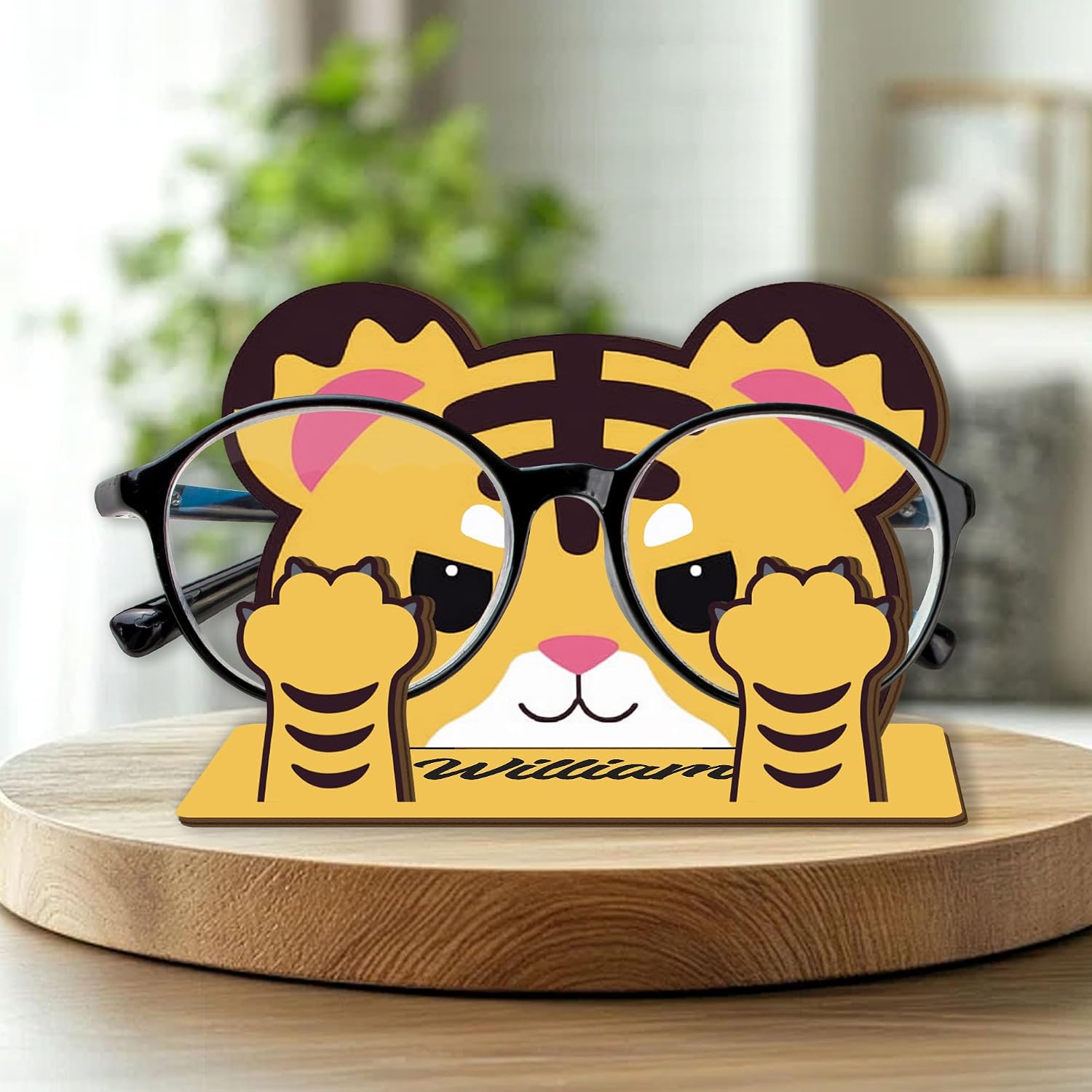 Custom Name Cute Animal Eyeglass Holder, Wooden Animal Glasses Holder, Cute Cartoon Glasses Storage Rack, Eyeglass Display Holder Stand Decorative For Home And Office, Table Decorative Gift (Tiger)