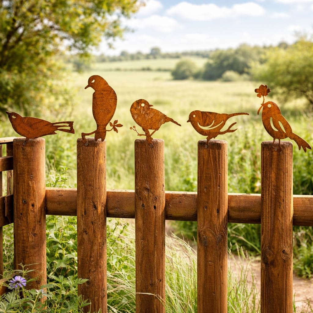 5 Pieces Rusty Metal Garden Ornaments Outdoor, Bird Fence Toppers & Tree Art, Rusty Garden Ornaments, Iron Garden Decorations For Fence, Post & Wall – Rustic Robin Gifts For Gardeners & Nature Lovers