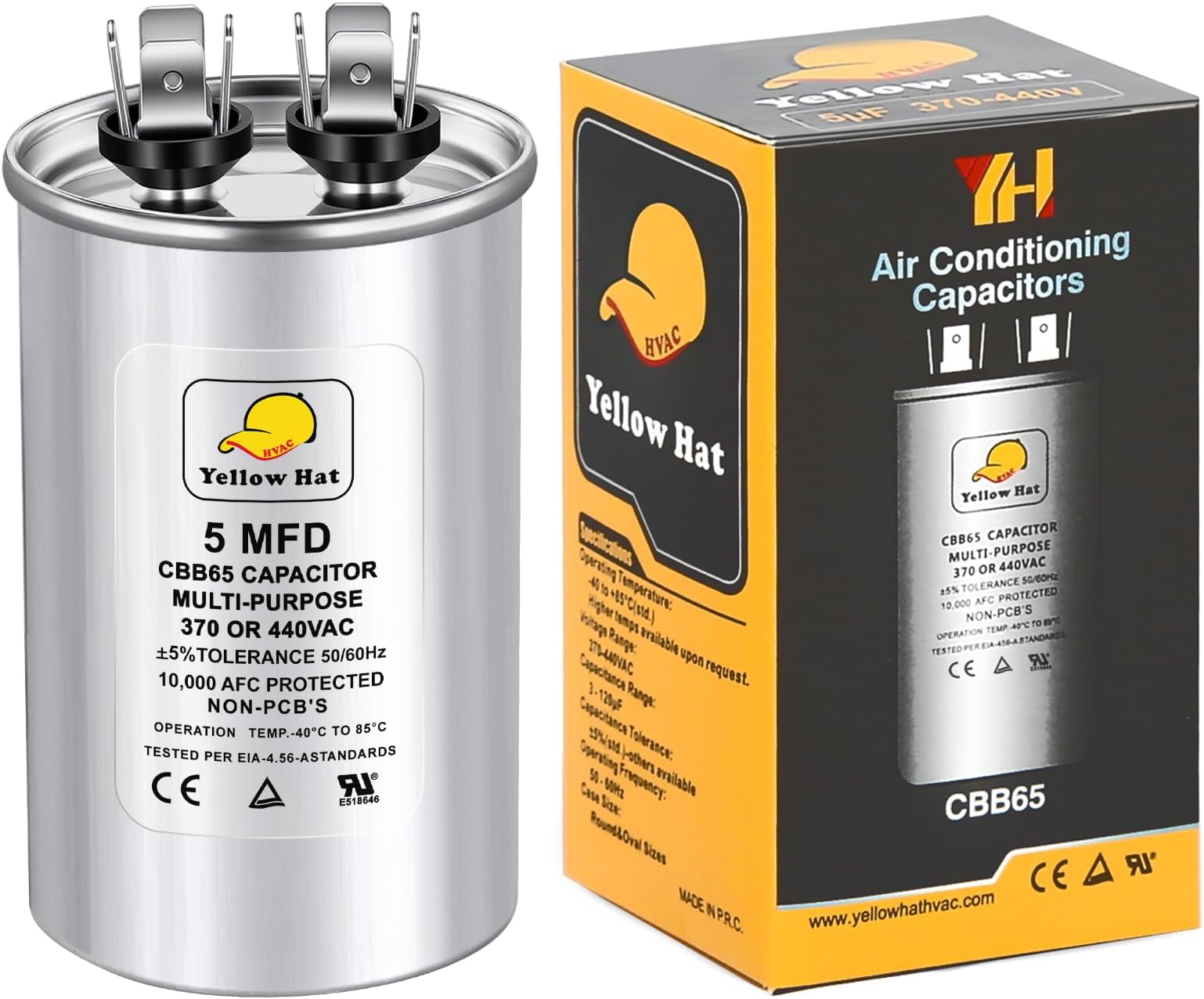 Capacitor for Air Conditioner 5 uf MFD 370 or 440 Volt VAC, Multi-Purpose Round Capacitor for AC Motor Run or Fan Motor Start or Condenser Straight