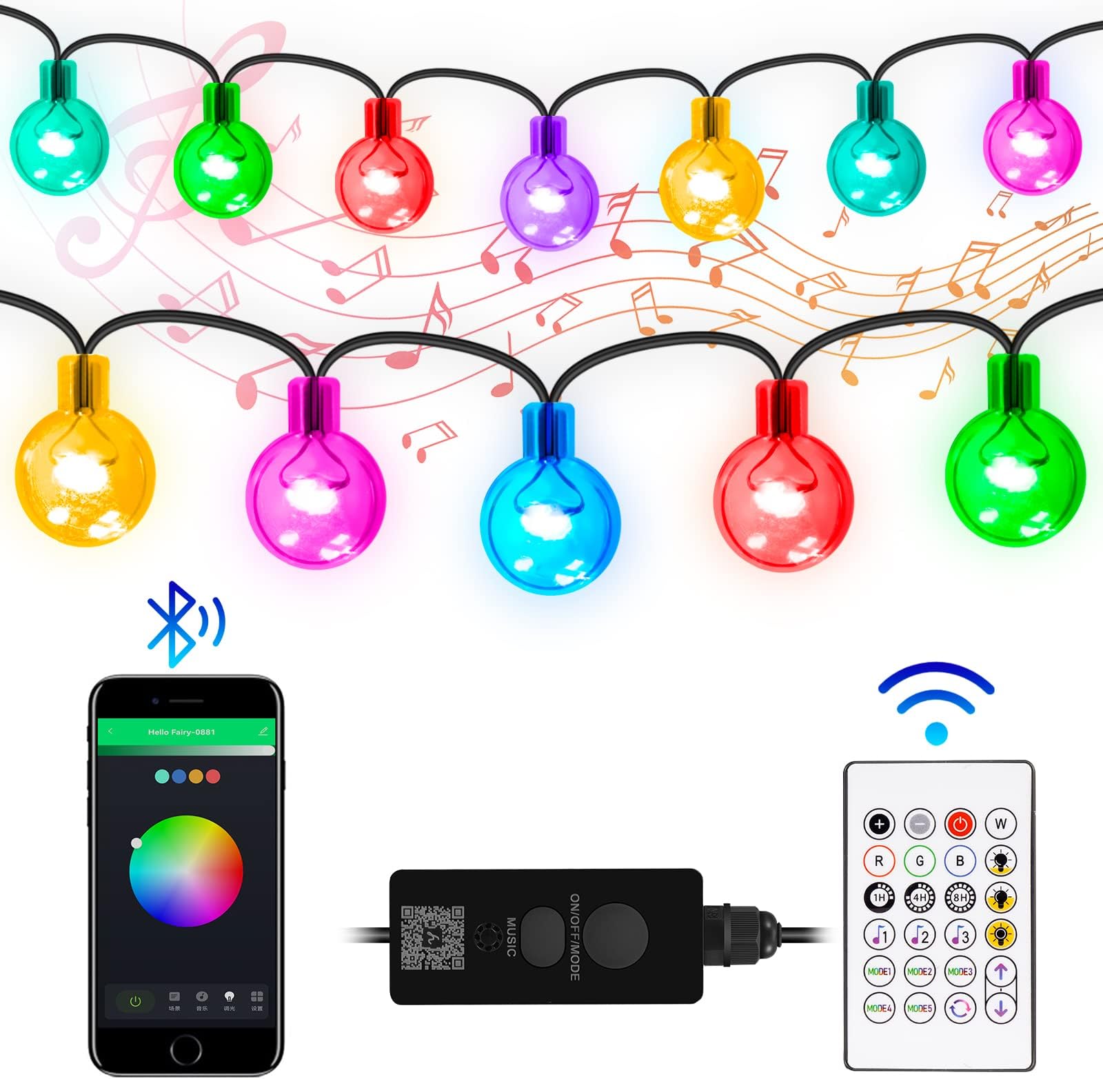 Outdoor String Lights, 23ft RGB String Lights with 25 LED Bulbs, Waterproof Dimmable Music Sync String Lights with Multi Color Wheel & Custom Scene for Outdoor Indoor Decor (Remote/APP Control)