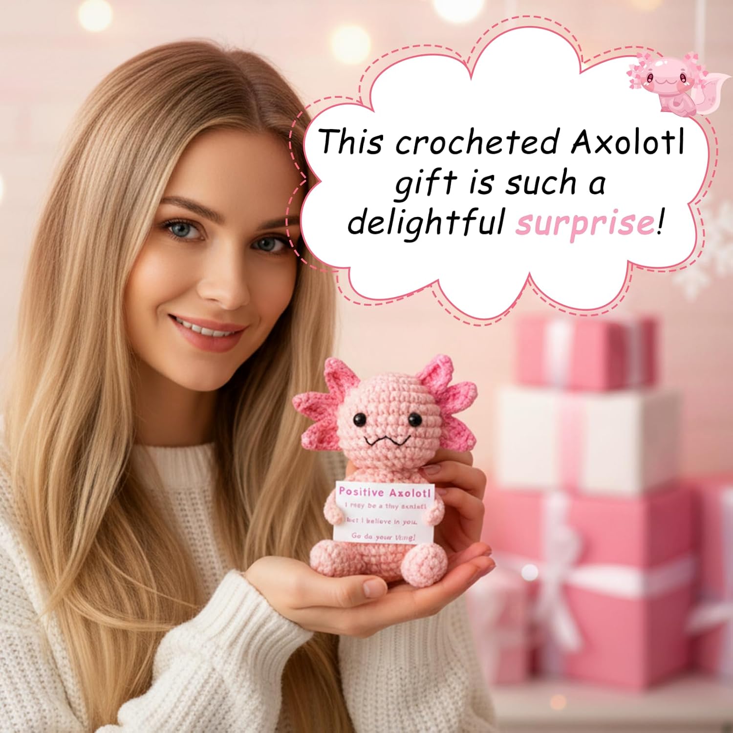 Positive Crochet Axolotl Gift for Girl,Boy,Women,Men,Friends,Coworker,Emotional Support Cheer Up Keepsake Crochet Animals Gifts for Valentine's Day Galentine' Day Birthday Desk Decor - Image 6