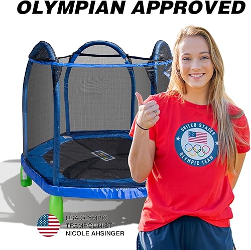 Miniatura 6 de Sportspower Outdoor My First Kids Trampolín con red de seguridad y almohadilla de espuma, redondo de 7 pies, azulverde