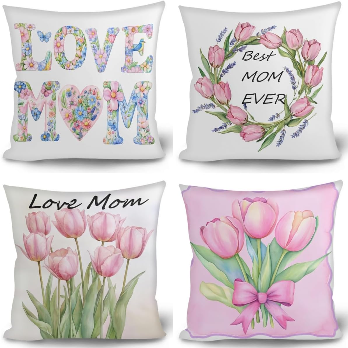 ENLACHIC Pack of 4 Happy Mother's Day Throw Pillow Case, Pink Wreath Tulip Flower Love Thanks Mom Square Pillowcases for Couch Sofa Home Car Decorative Cushion Cover 18x18 Inch
