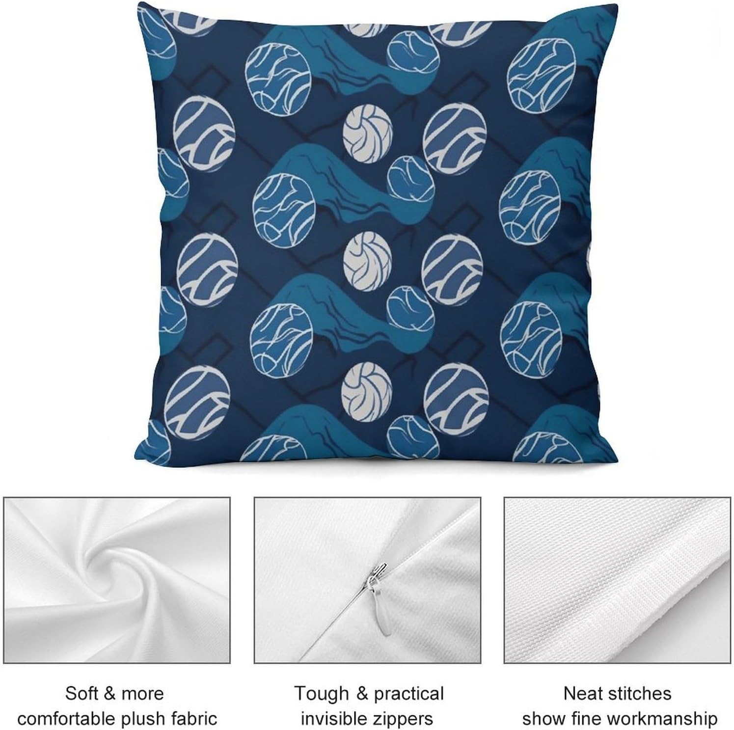 Zippered Pillow Cover, Pillow Protector, Blue Volleyball Printed Pillow Cover of 4, Pillow Not Included