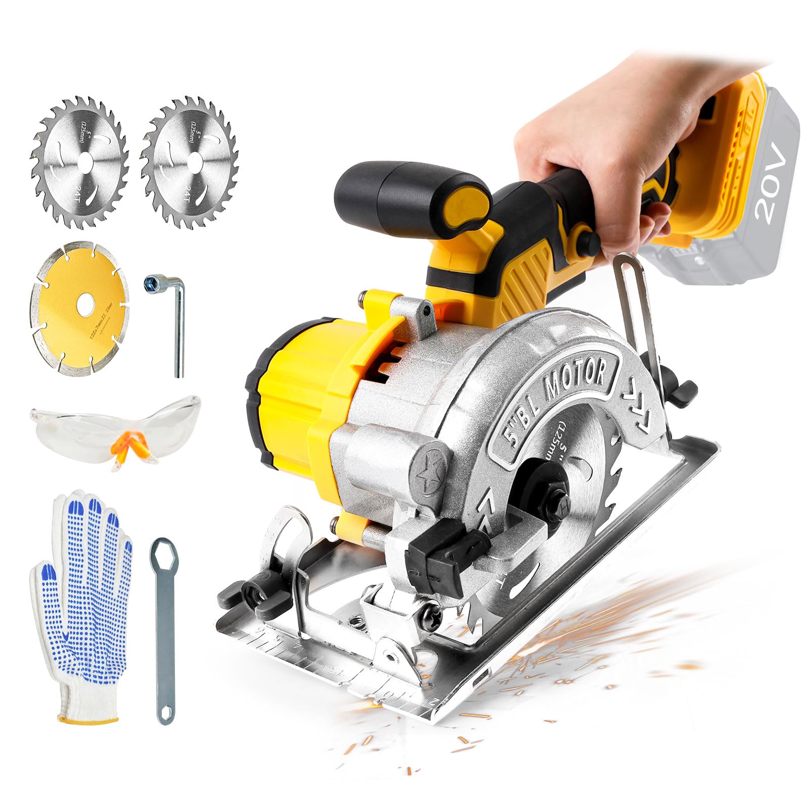 Sierra circular de mano compatible con batería Dewalt de 18 V, batería sin escobillas, mini sierra circular de 6200 rpm, profundidad de corte 40 mm (90º), 25 mm (45º), 3 hojas (125 mm)