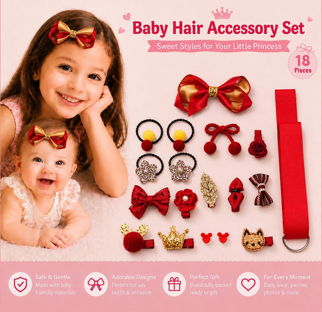 BabyMoon 18Pcs/Set Mix Style Headwear Set Children Accessories Ribbon Bow With Full Covered Clips Hairpins For Girls Princess Crown Headdress Hair Accessories With Gift Box 1