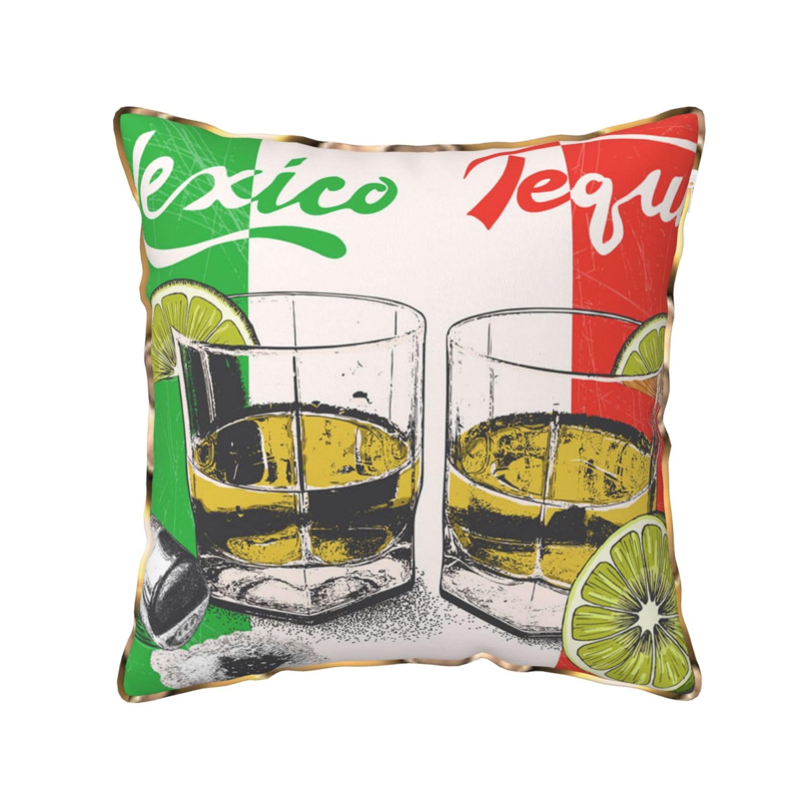 AUBKFELD Mexico Flag and Beer Printed Velvet Cushion Cover 40x40 CM with Gold Edging Strip, Square Pillowcase Soft Throw Pillow Covers Case Decorative for Living Room Sofa Couch Bed Bench