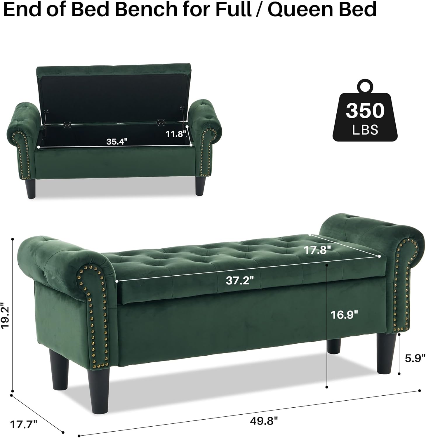 Storage Bench, 50" Queen End of Bed Bench, Velvet Tufted Button Upholstered Bedroom Bench, Storage Ottoman with Rolled Arms, Window Bench with Storage, for Living Room, Entryway Green