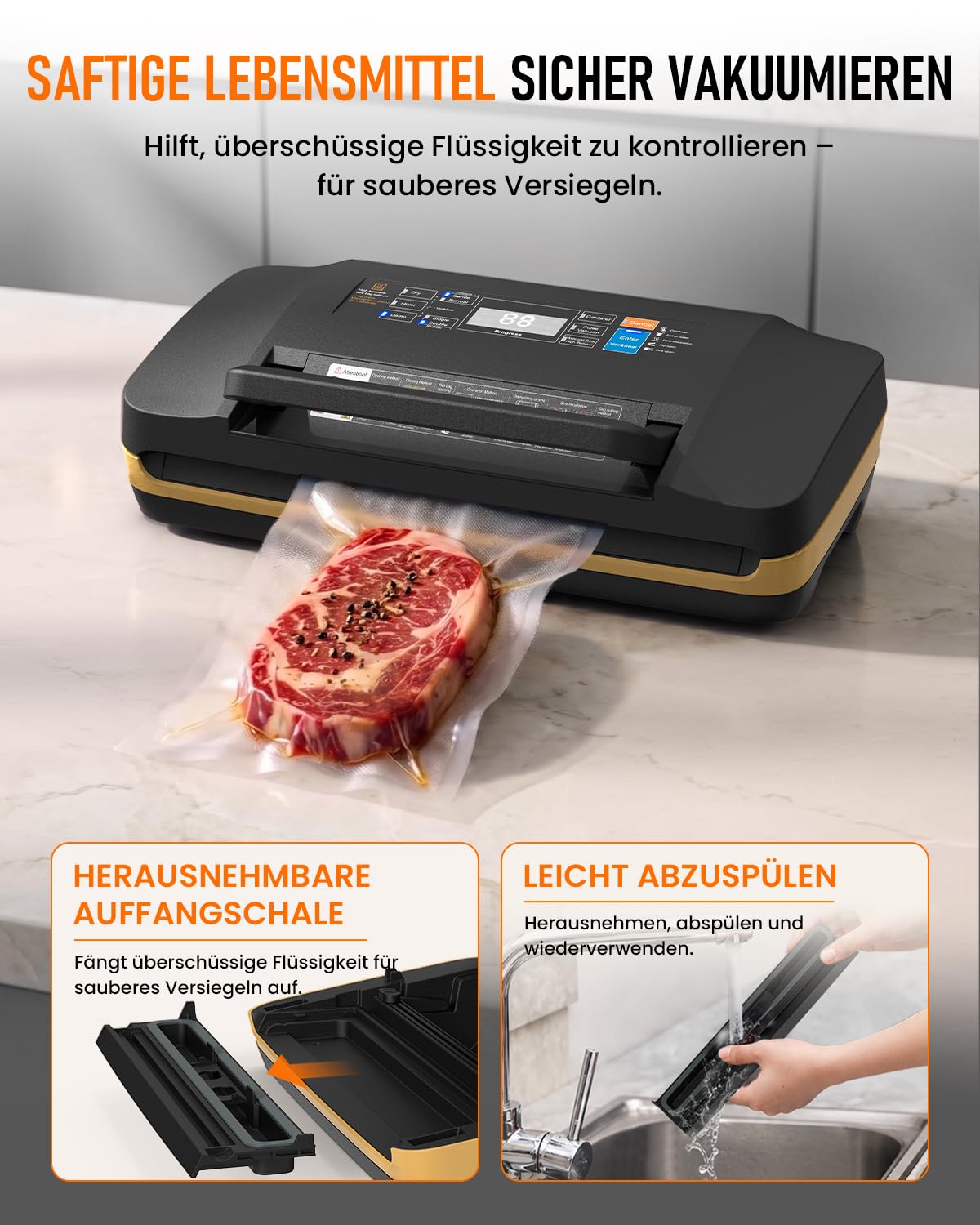 Vakuumiergerät 95 kPa Profi 18-in-1 doppelte Schweißnaht Folienschweißgerät mit Cutter Rollenfach Trocken-Feucht-Modus Sous Vide