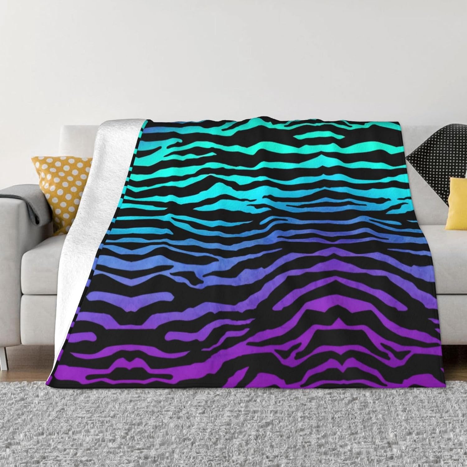 Purple Blue Green Camouflage Zebra Stripes Print Lightweight Soft Flannel Blanket for Couch Bed Travel Cozy Throws for All Seasons