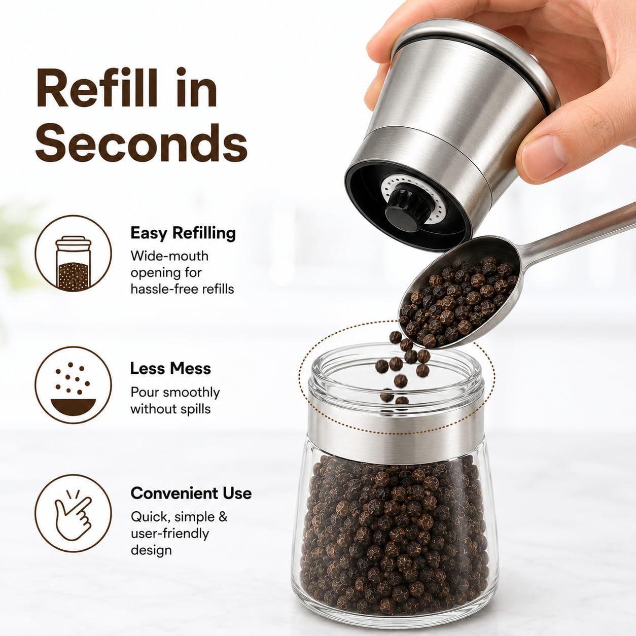 VILON Stainless Steel Spice Mill (200ml) – Adjustable Ceramic Grinder Salt or Pepper Mill Shaker, Pack of 1 — Amazon image 2