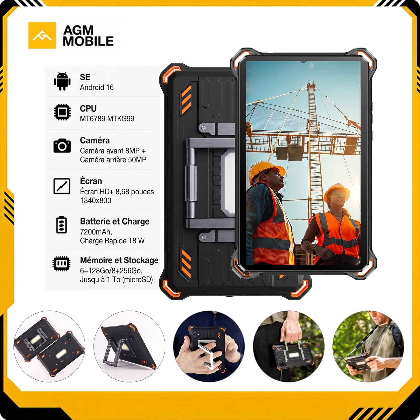 AGM P3 Rugged Tablette 4G 8,68 Pouces Android 16 IP68 / IP69K, avec Support