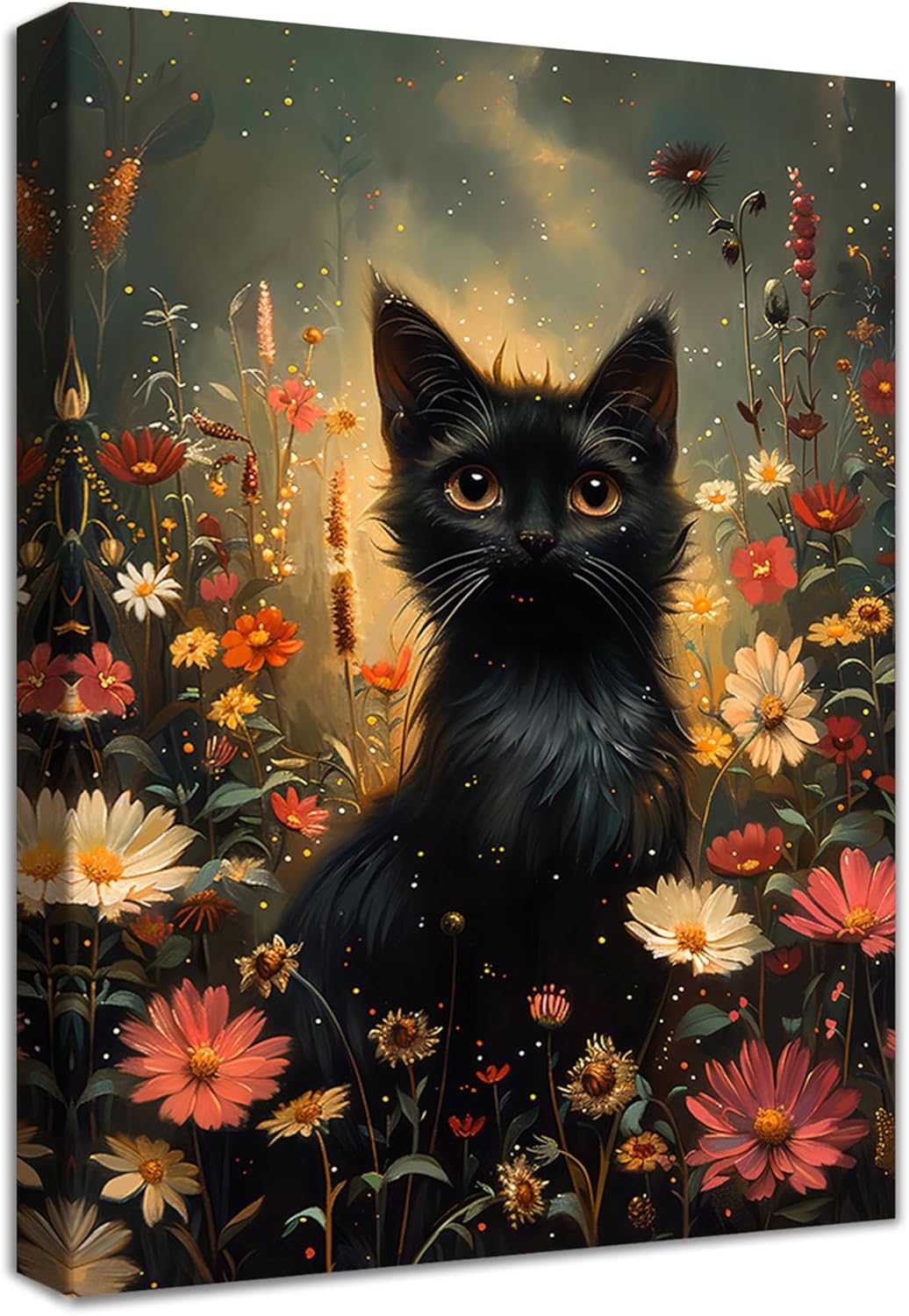 Cat in the Garden Flowers Canvas Pictures with Frame Black Kitten