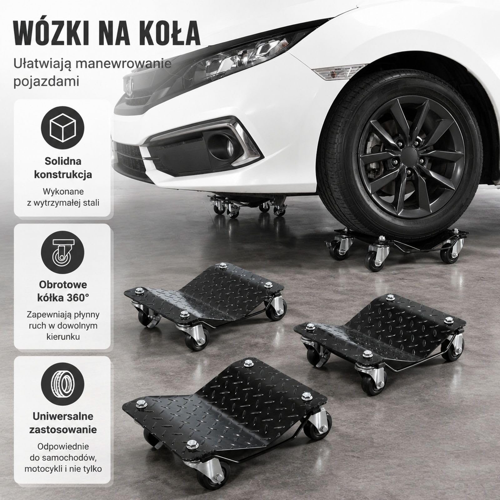 4-częściowy stalowy zestaw wózków pod koła, czarne rolki z kołami skrętnymi do samochodów, motocykli i pickupów