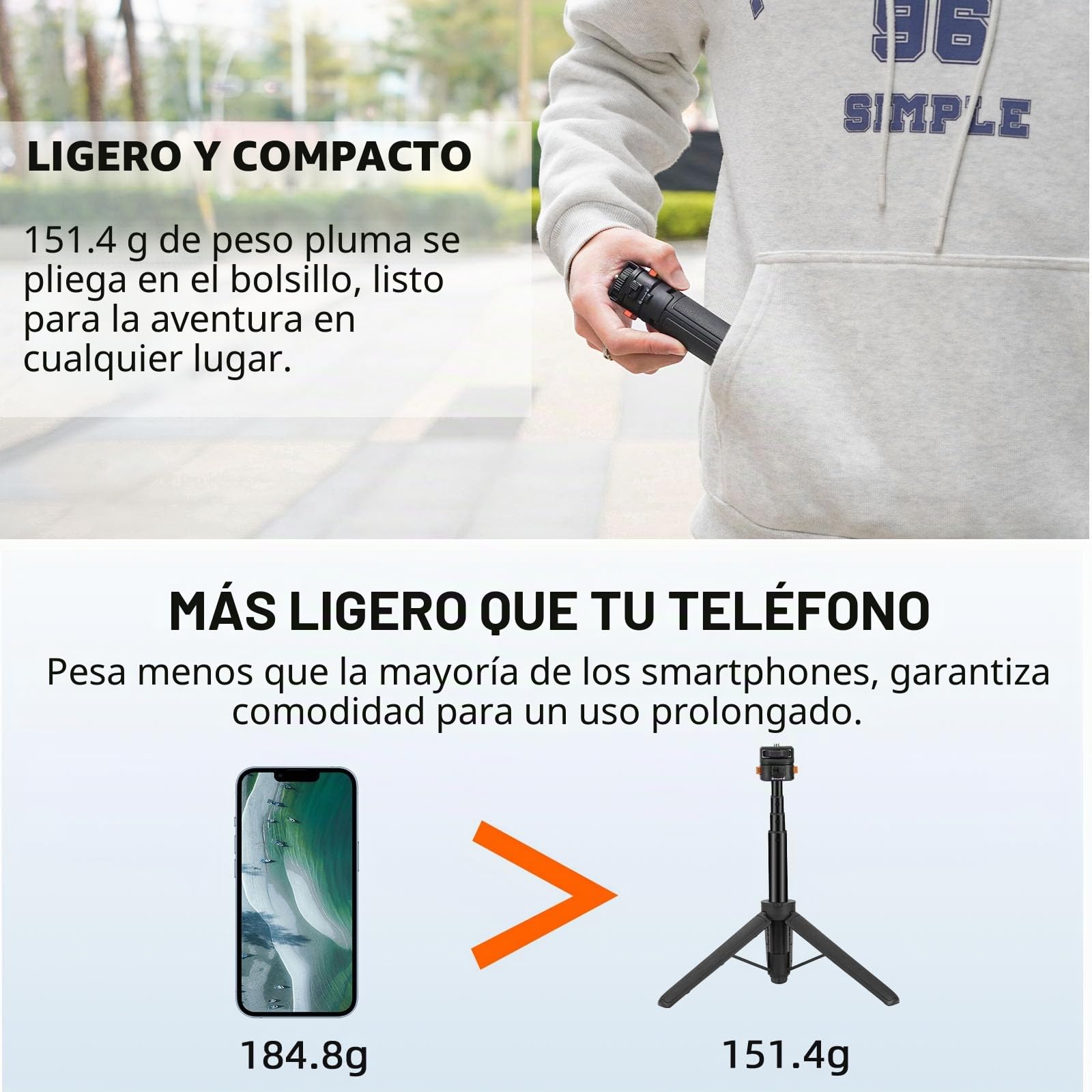 Osmo Pocket 3 - Tripode para cámara de acción Go Pro y DJI Action 5 Pro, soporte extensible de mano con liberación rápida 1/4 pulgadas