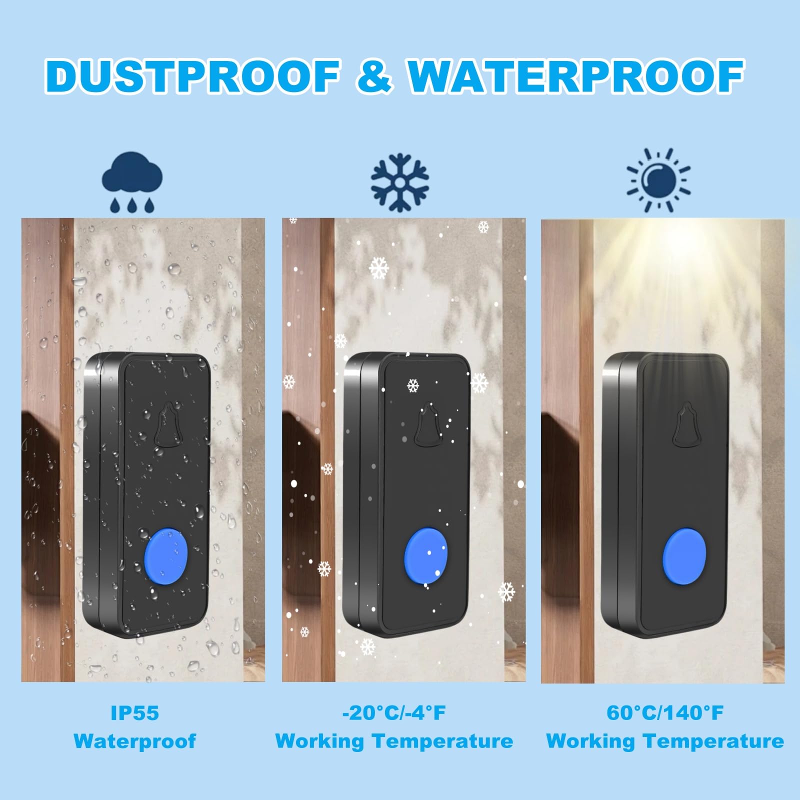 Timbre Inalámbrico Exterior Impermeable IP55, 1 Transmisor y 1 Receptor, Rango de 1000 pies, 55 Melodías, 5 Niveles de Volumen, Modo Silencioso, LED, para Oficinas Domésticas, Negro