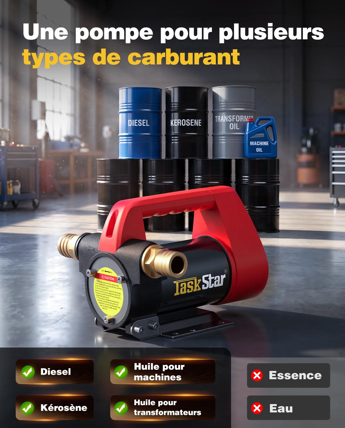 TaskStar Pompe à Gasoil 12V: Débit 50 L/min, Pompe Électrique Portable avec Pistolet, Filtre et Tuyaux pour Diesel, Biodiesel, Kérosène et Fioul – Pour Maison, Ferme et Chantier