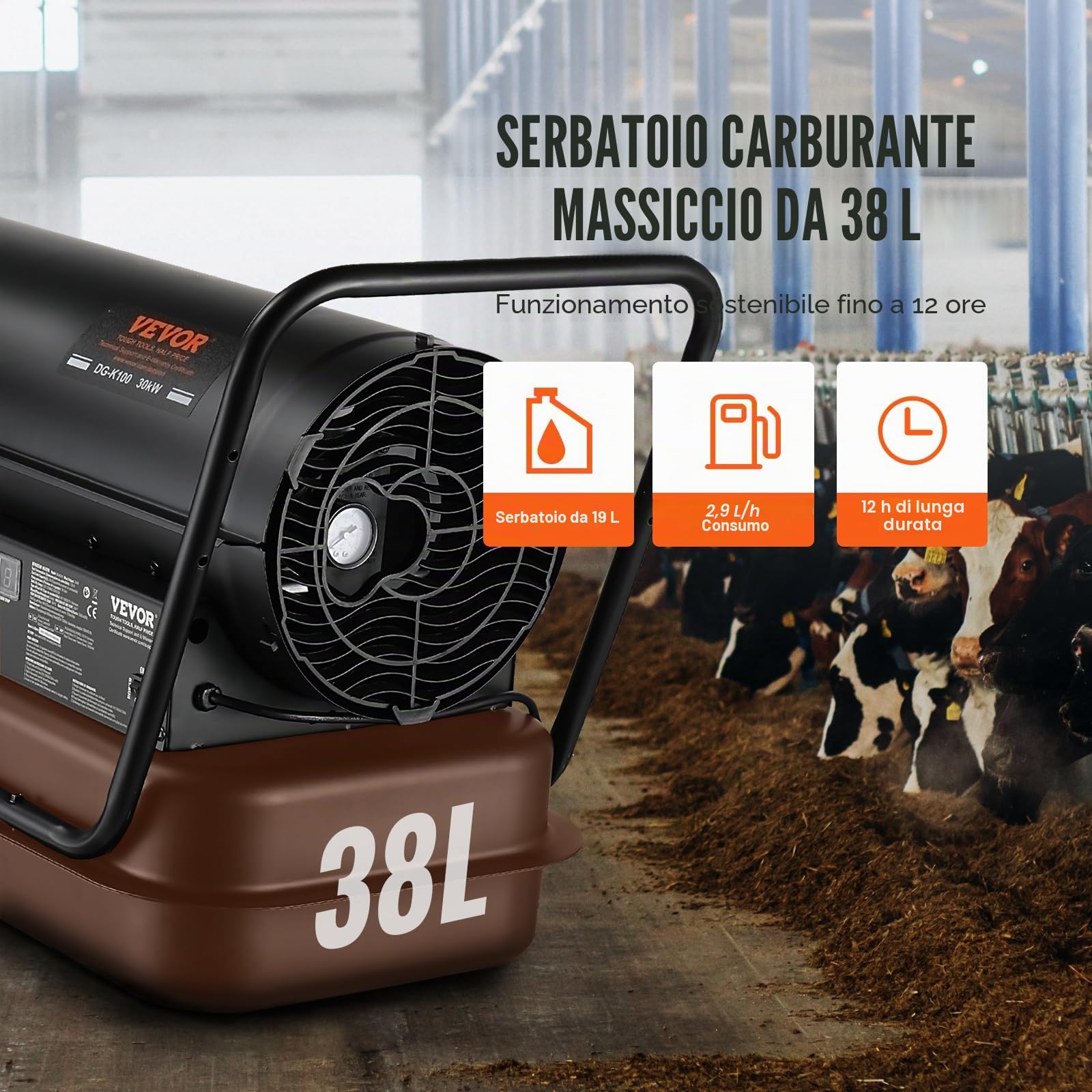 VEVOR Riscaldatore ad Aria Calda Diesel a Cherosene 100000 BTU, Torpedo Riscaldatore d'Ambiente Portatile con Controllo Termostato Serbatoio 38 L per Interni Esterni, per Officine Industriali, Nero