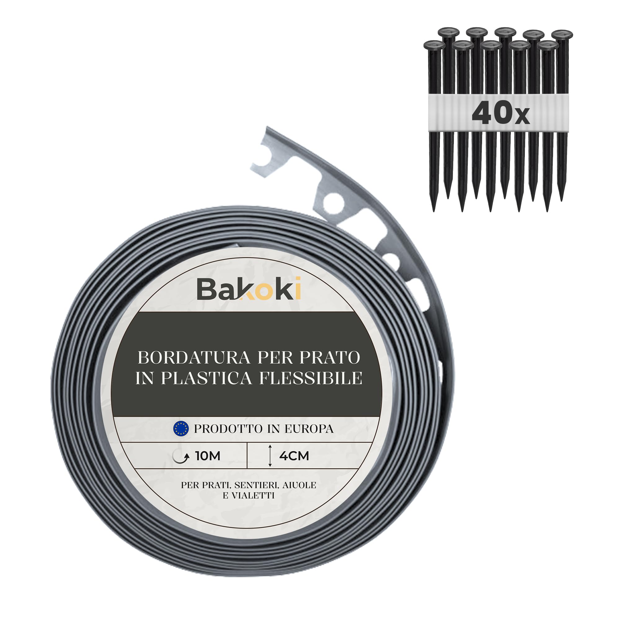 BAKOKI Bordo flessibile per prato (10 m | 40 ancoraggi | 4 cm di altezza) grigio plastica resistente alle intemperie – bordatura per aiuole – bordo per aiuole – bordo per tagliaerba