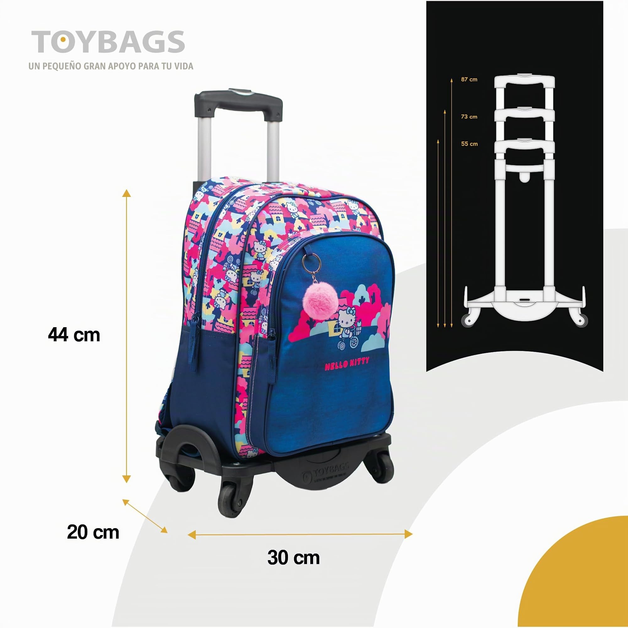 TOYBAGS Mochila Escolar Hello Kitty - Doble Compartimento Adaptable + Carro Negro Proteccion Lateral Y STOPER Frontal Anti CAIDA 4 Ruedas giratorias - 44 X 30 X 20 CM