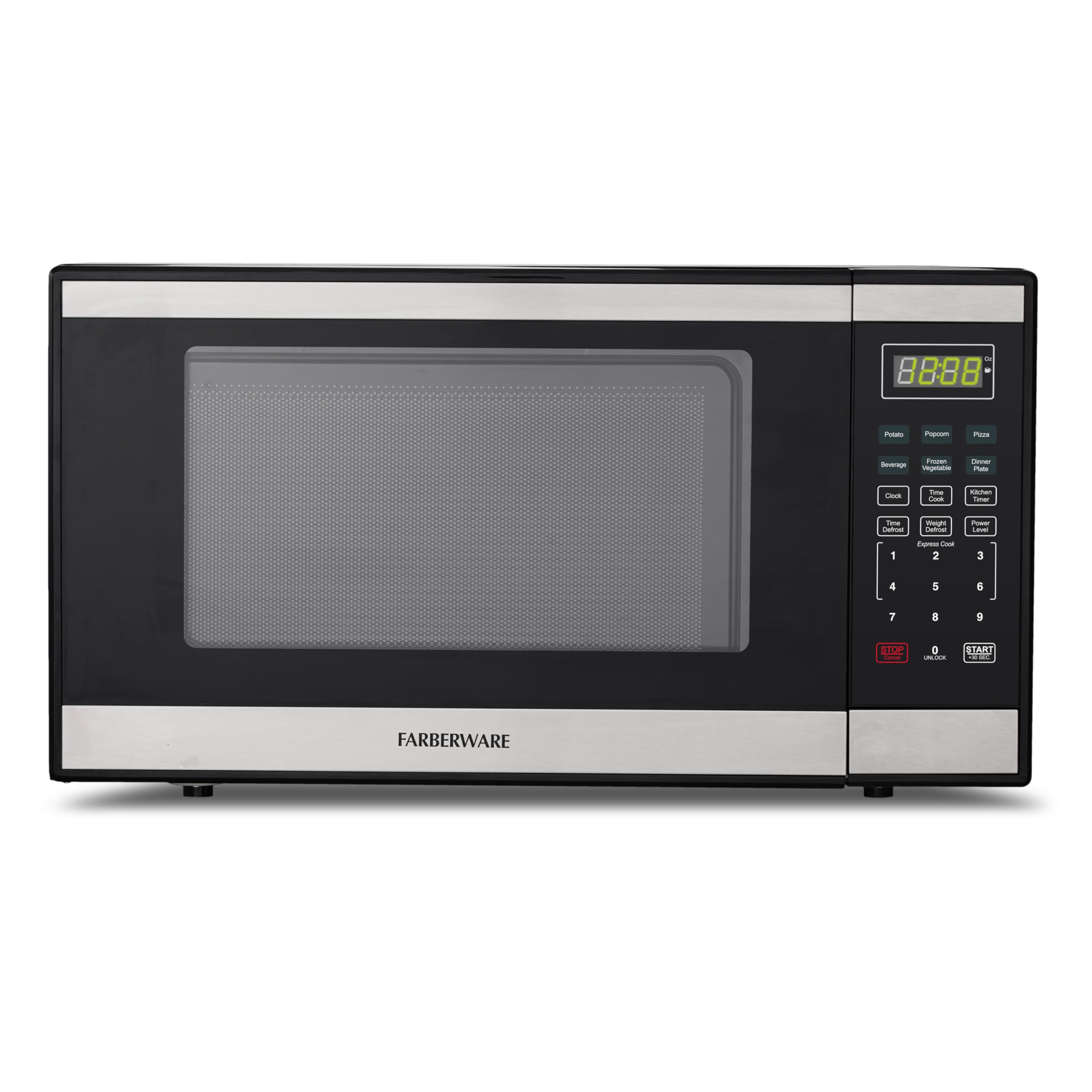 Farberware 1.1 Cu. Ft. Countertop Microwave Oven – 1000 Watts Power, Auto Cook Settings, Defrost, Easy Clean and Child Safety Lock - Stainless and Black