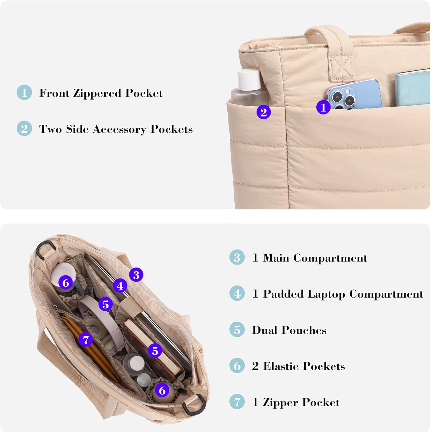 AOCINA Puffer Tote Bag for Women Work Nurse Bags Laptop Purse Lightweight Quilted Crossbody Shoulder Handbags Travel School - Image 3