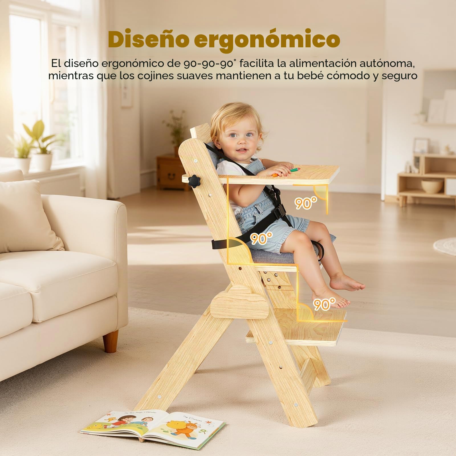 Trona de madera multifunción ergonómica con cinturón de seguridad de 5 puntos para bebés de 6 meses a 10 años, capacidad de carga de 25 kg, fácil montaje