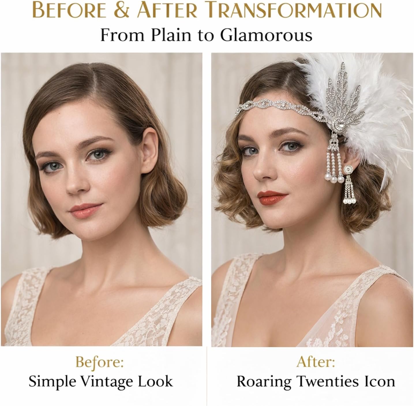 3Pcs 1920s Headband with Tassel Earrings, White Feathers Flapper Headband, Vintage Gatsby Accessories for Women, Roaring Fascinator for Themed Parties, Costume Events and Performances