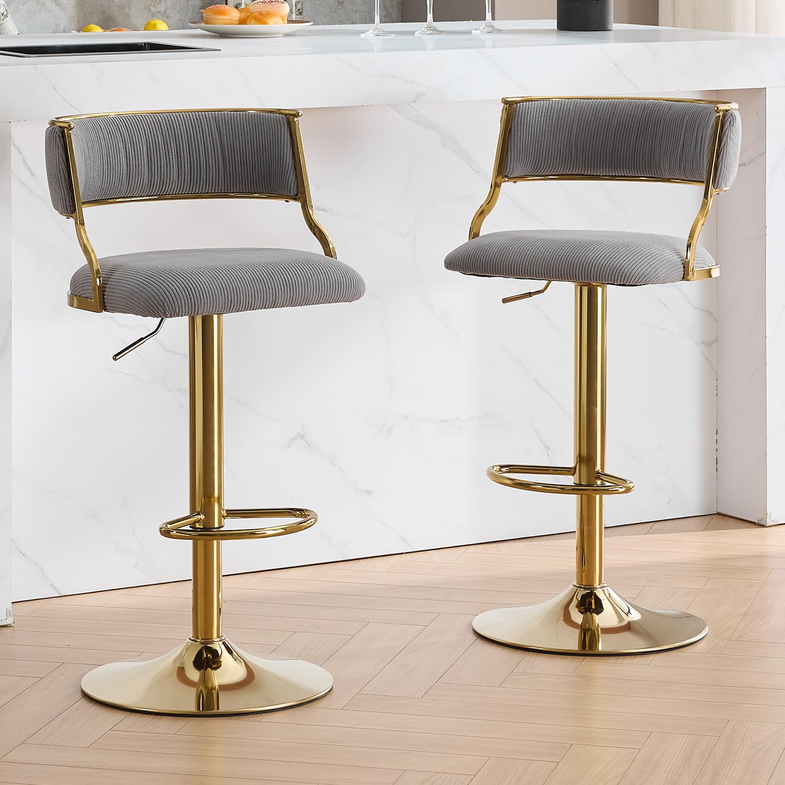 Ya-Home Bar Stools Set of 2 Swivel Bar Chairs with Gold Leg, Gray
