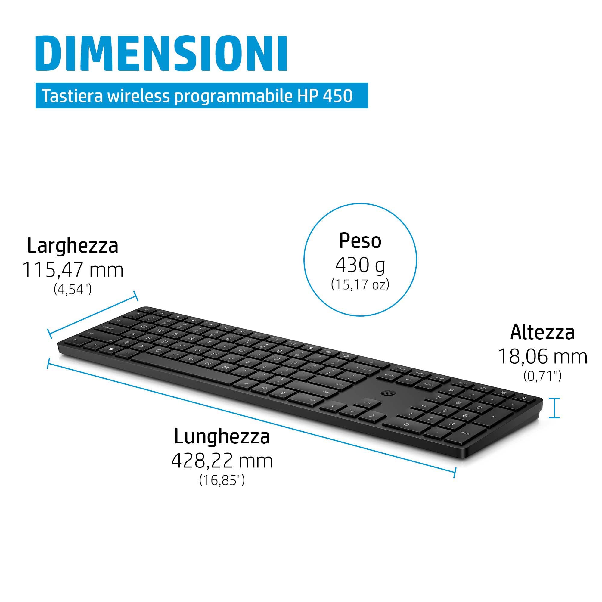 HP 450 Tastiera Wireless, Connessione con Dongle USB-A a 2,4 GHz, 20 Tasti Personalizzabili, Autonomia fino a 20 Mesi, Qwerty, Layout Italiano, Compatibile con Windows 10, 11 e macOS, Nera