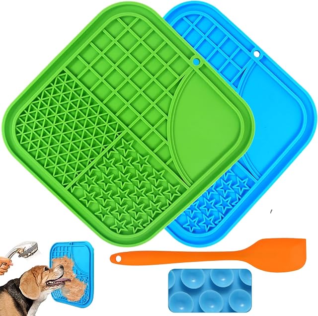 Bikirin 2 Pack Licky Mats for Dogs [Dog Lick Mats + Cats Lick Mat + Dog Lick Pad Spatula] 20CM Anti-Slip Slow Feeding Licking Mat with Suction Cup for Pet Bathing Grooming Nailing Trimming (BPA-free)