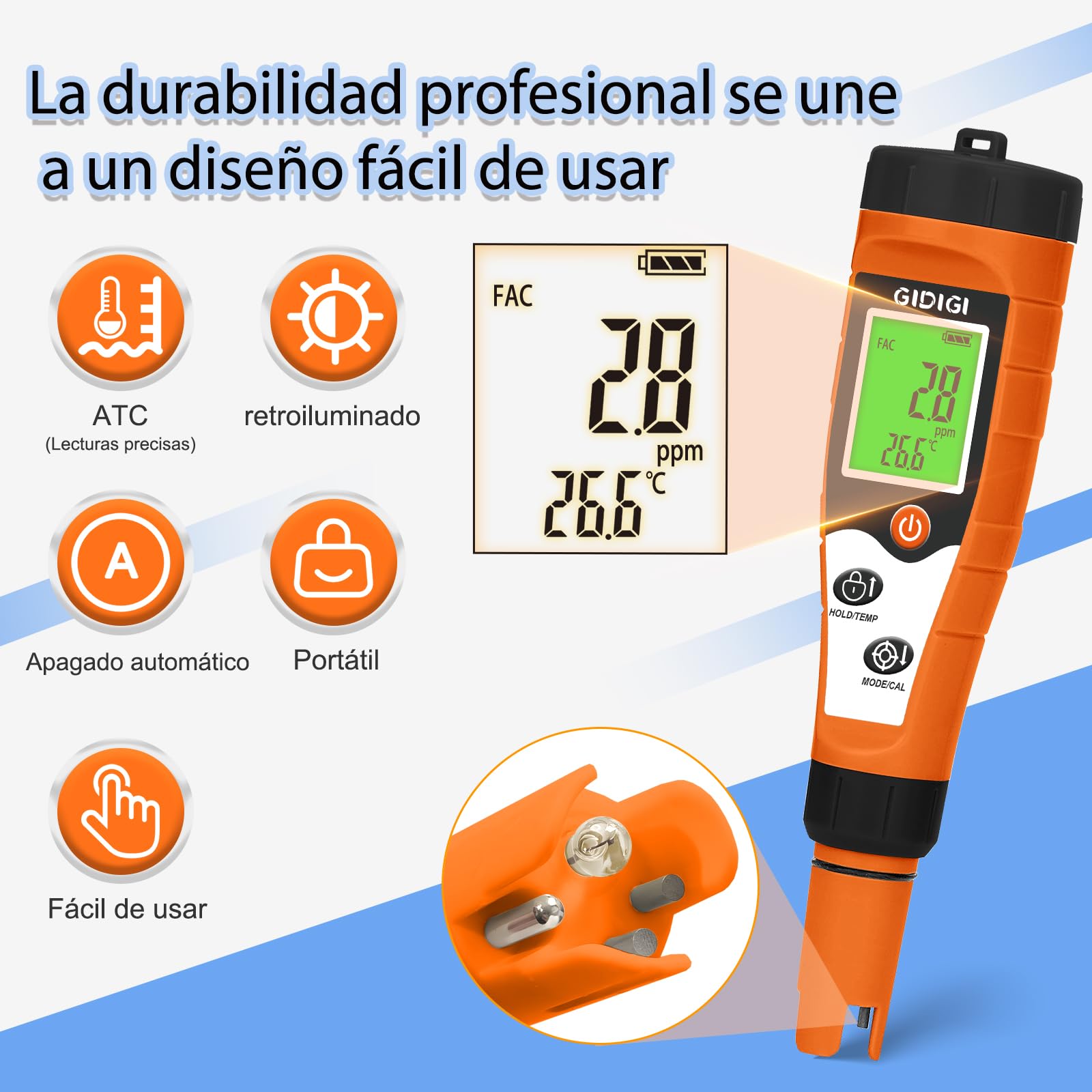 Medidor Cloro pH y Salinidad Piscinas, 7 en 1 pH FAC Sal ORP EC TDS y Temp, Medidor de Cloro para Piscinas, SPA, Acuarios, Hidroponía y Agua Potable, Medidor pH y Cloro Piscina Digital