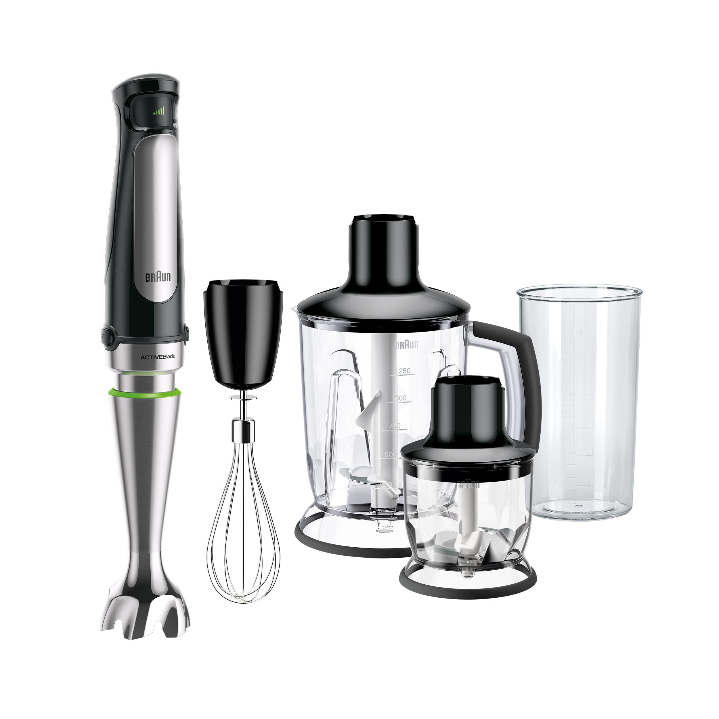 Braun MQ7045X MultiQuick7 Minipimer con 5 ANNI DI ASSISTENZA, Frullatore ad Immersione dotato di, frusta a filo, 2x tritatutto 350ml e 1.2L, frusta, bicchiere, bicchiere graduato 600ml, 1000W