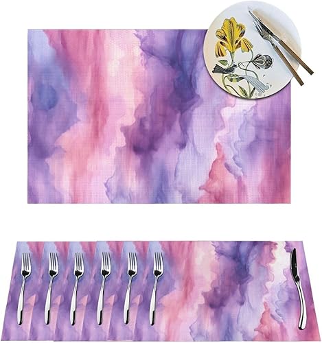 6 PCS PVC Placemats Set Place Mats Abstract Watercolor Purple Non-Slip Weave Place Mats 12" x 18" Farmhouse Table Mat Set for Family Dinners Wedding