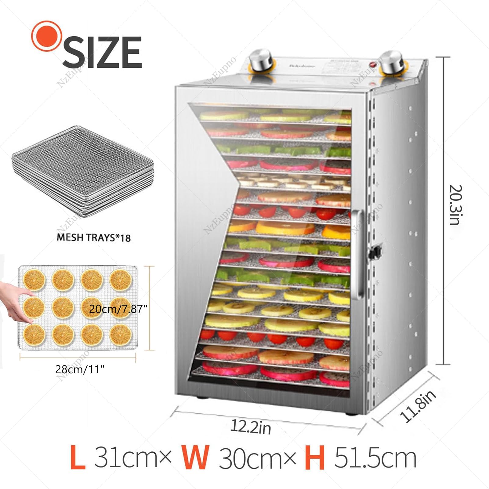 6/8/12/18 Strati Di Cibo Commerciale Disidratato Con Timer 24 Ore E Temperatura Regolabile, Armadio Di Essiccazione Compatto Per Carne Secca, Erbe Aromatiche, Carne Di Manzo, Frutta E Verdura 18Layer