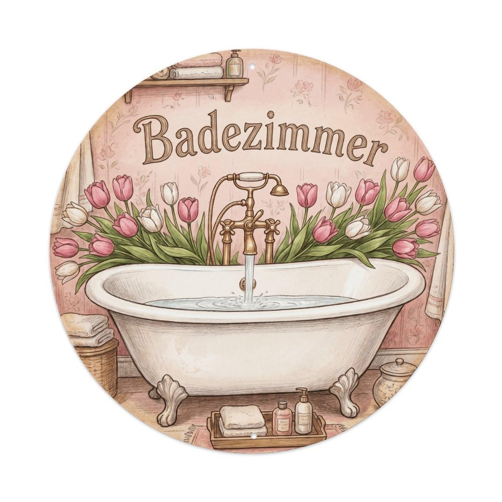 Badezimmer Tulip Shabby Round Bathroom Vintage Metal Tin Sign Plaque Wall Decor for Cafe, Club, Garden Round Metal Poster 8x8Inch
