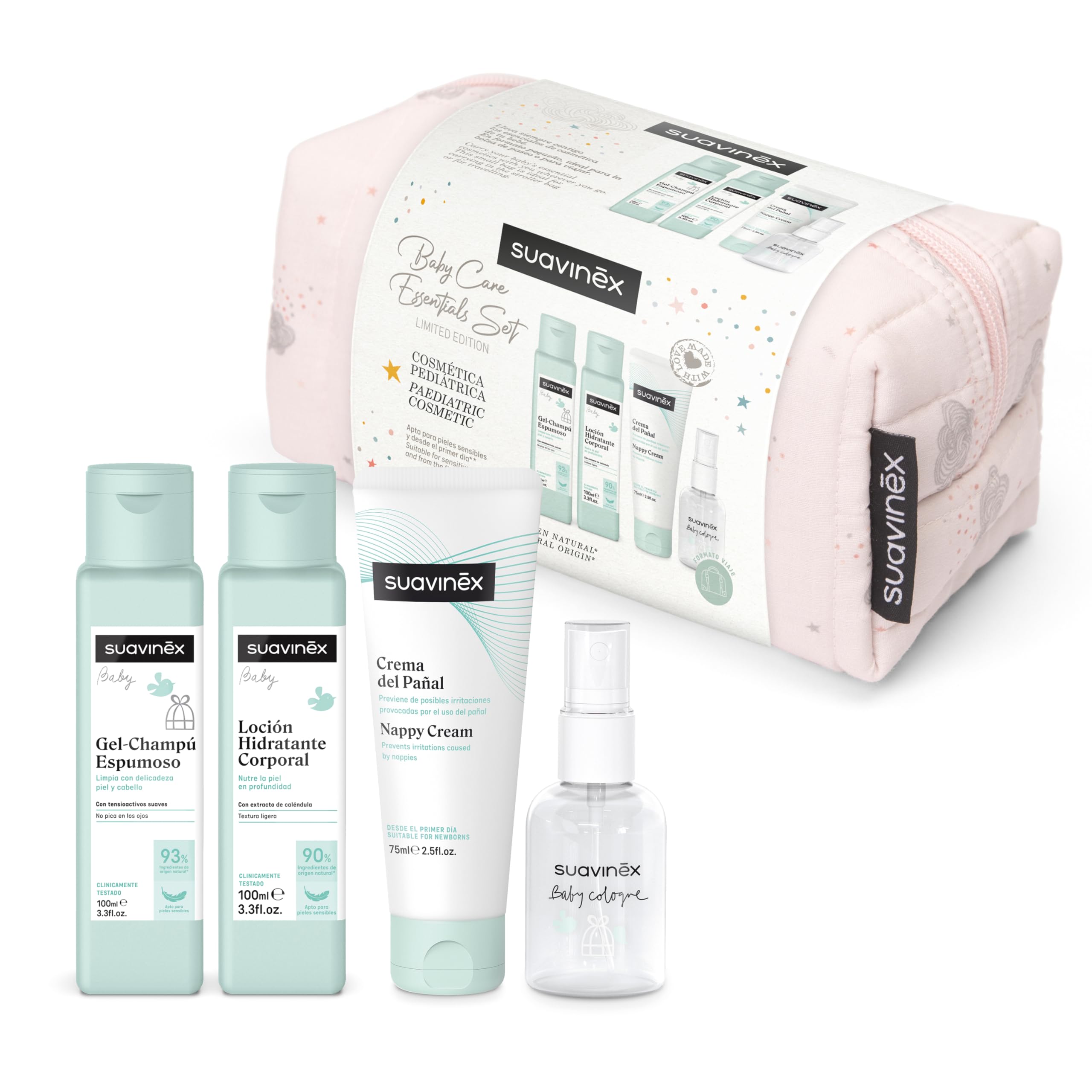 Suavinex, Kulturbeutel für Babys, Geschenkset für Neugeborene mit: Shampoo 100 ml + Feuchtigkeitslotion 100 ml + Creme für Change 75 ml + Eau de Cologne 50 ml. Reisegröße. Rose Dreams