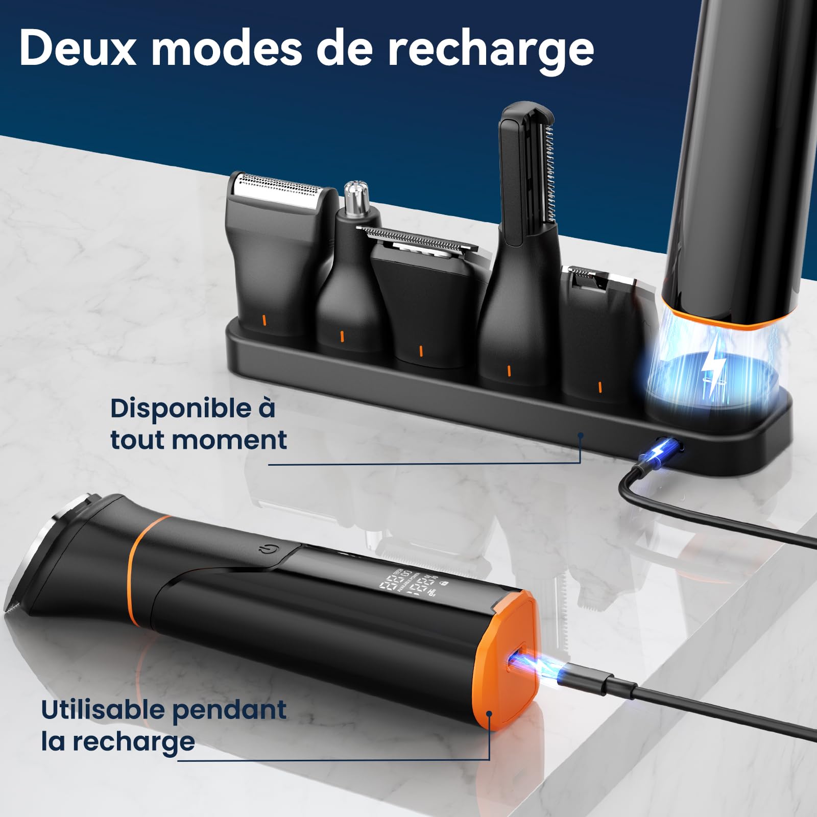 Maxgroom 6-en-1 Tondeuse Barbe Homme,Rasoir Electriques Hommes avec Base de Stockage Organisée,Double Mode de Charge(Base&USB-C),Tête Magnétique Amovible,IPX6 Sec/Mouillé, Autonomie 120 Mins (Noir)