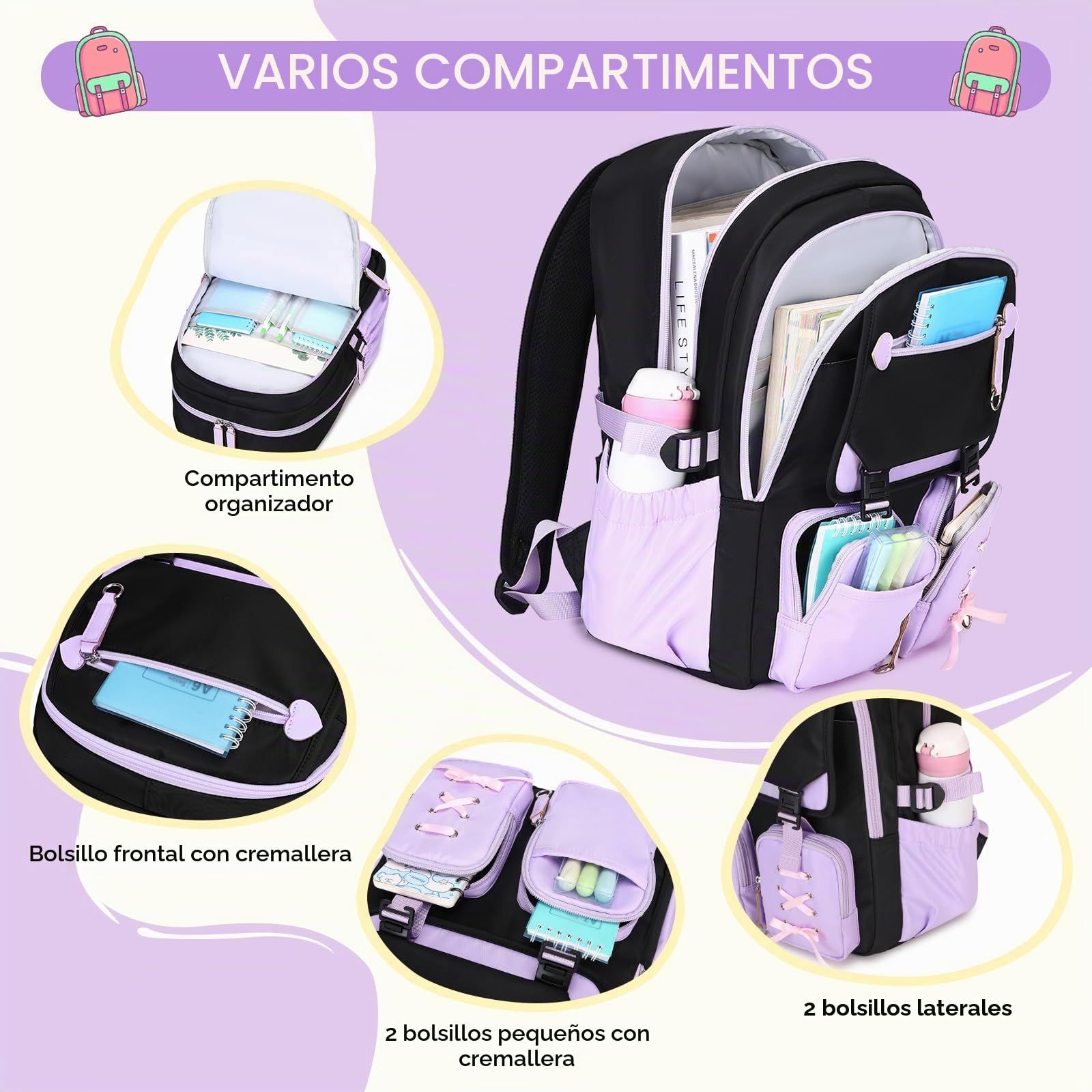 Tanou Mochila Escolar Adolescente Niña, Mochila Casual de 3 Piezas