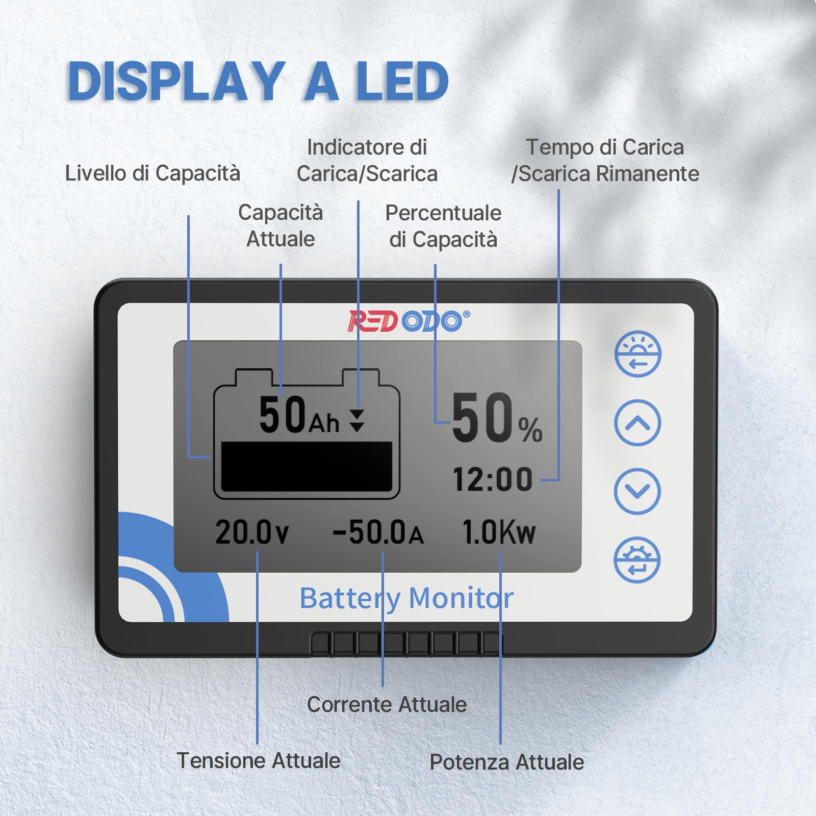 Redodo 500A Batteria Monitor con Shunt, Misuratore di Tensione della Batteria con Intervallo 8V~120V, Cavo Schermato da 20 Piedi, Compatibile con Batterie al Gel, al Piombo e LiFePO4