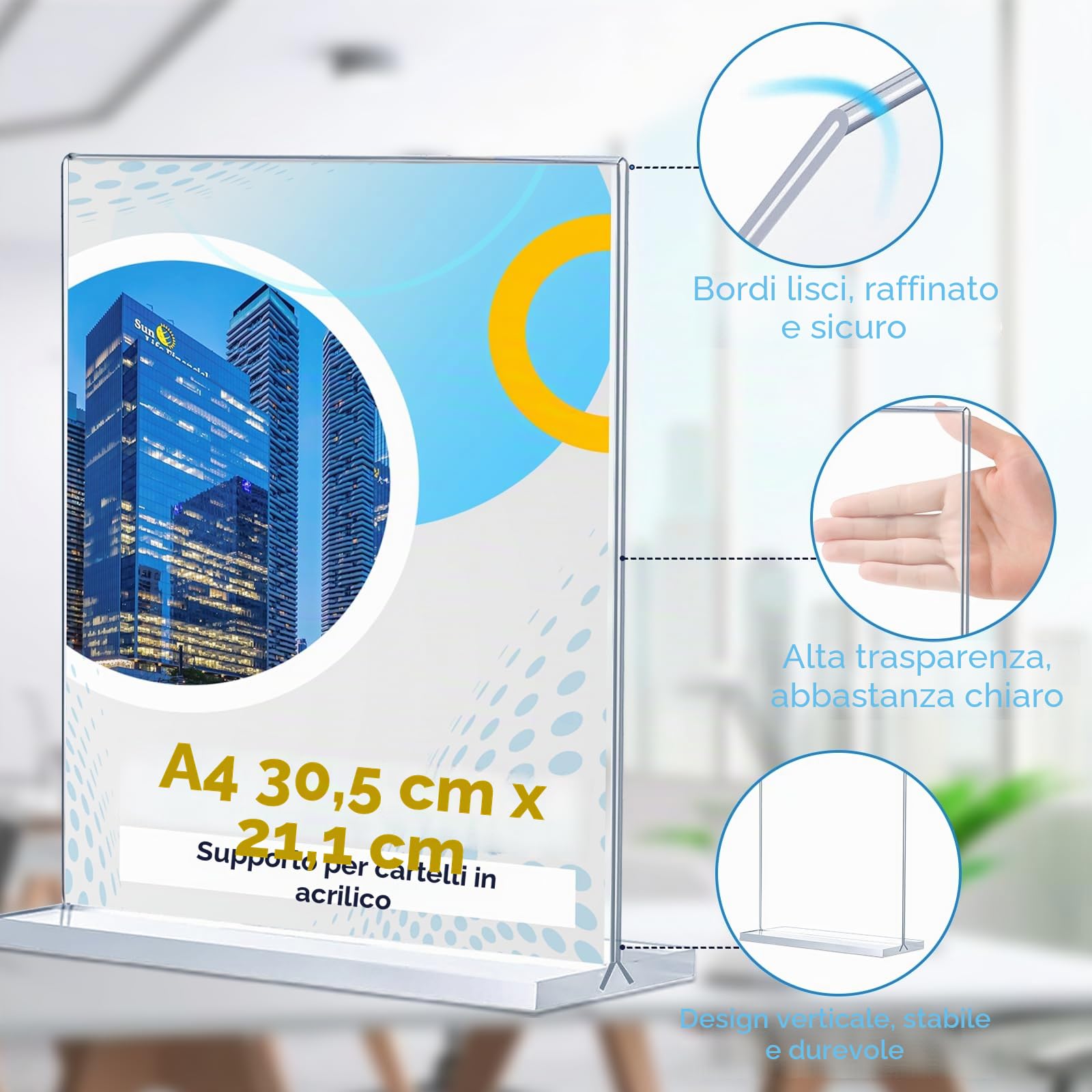 4 pezzi di espositore plexiglass A4, portamenu da tavolo in acrilico, supporto verticale trasparente bifacciale per porta foto da tavolo per ristoranti, hotel, negozi e uffici