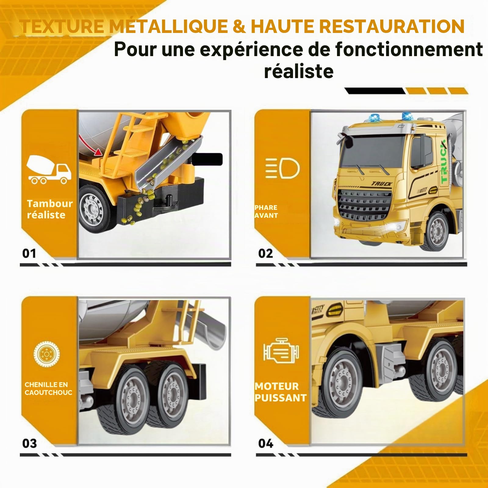 Camion bétonnière avec toutes les fonctions, jouet télécommandé alimenté par batterie, pour enfants et filles (âgés 3-7), échelle 1:24, avec lumières et sons