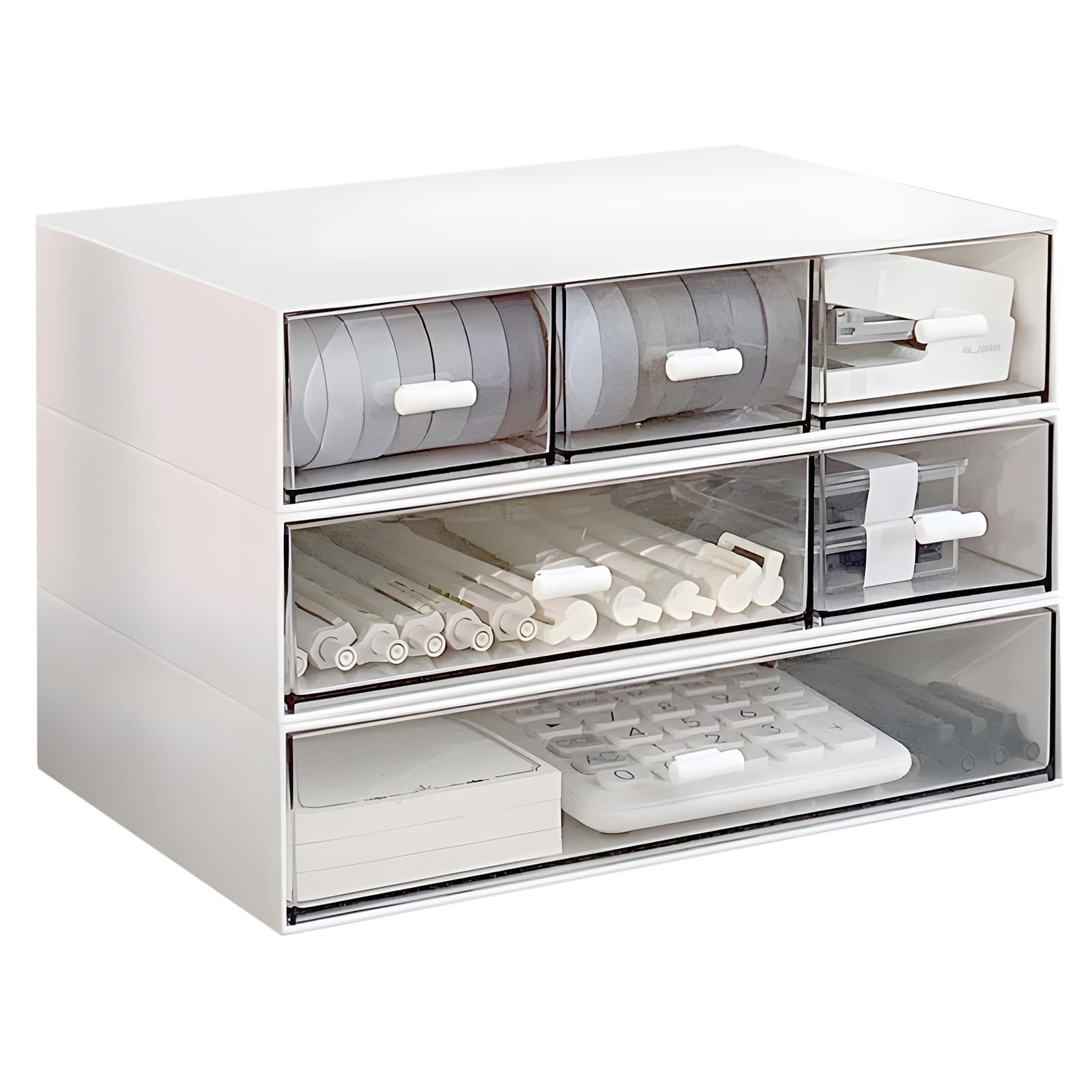 Schreibtisch-Organizer, stapelbare Organizer, Schreibtisch-Schubladen, Kunststoff-Aufbewahrungsbox, Schublade für Sammlung, kleine Gegenstände, Kosmetik, Büro-Organisation, 6 Schubladen, Weiß, große