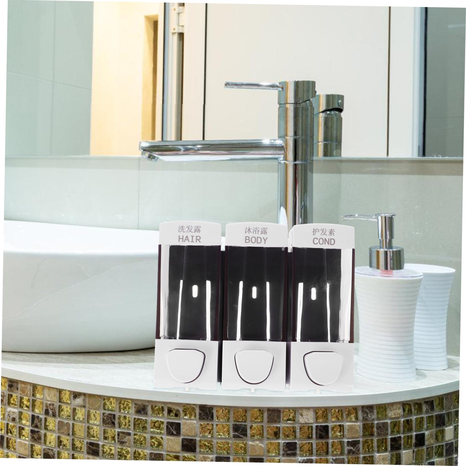 Dispenser Doccia da Parete in Abs, 3 Scomparti, 1050ml, per Shampoo e Bagnoschiuma, Pratico per Famiglia e Negozi