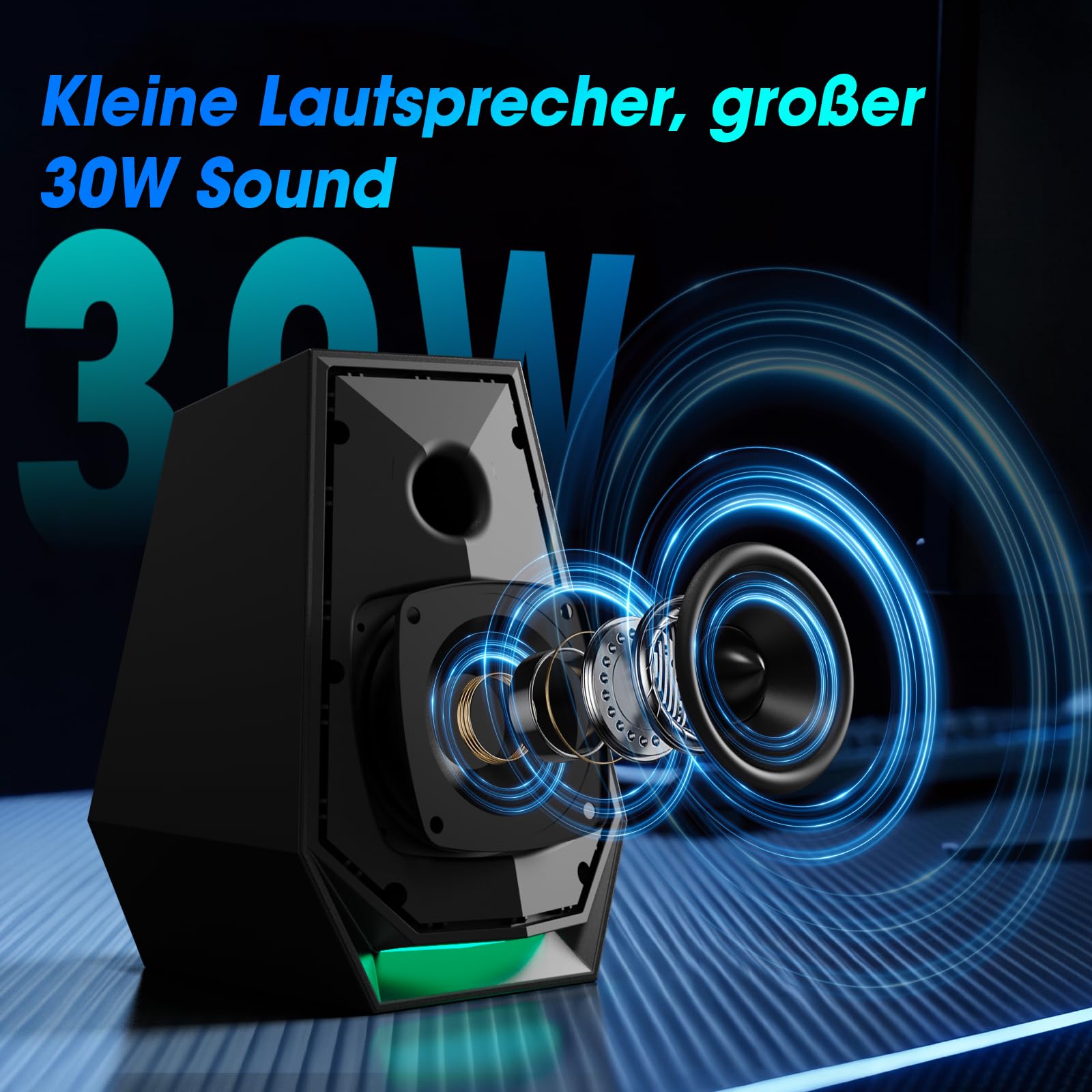 BESTISAN PC-Lautsprecher für Desktop, Bluetooth-Computer-Lautsprecher für Gaming, Monitor, Laptop, 3,5-mm-Aux-/Typ-C-Eingang, Netzbetrieb, Bunte LED-Beleuchtung